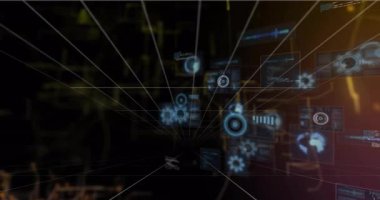 Izgara çizgileri üzerinde görünen paneller birleşiyor, turuncu çizgiler mavi gösterge panellerini birbirine bağlıyor ve 3 boyutlu görüntü oluşturuyor. Gelecek, teknoloji, sanal, araştırma, dijital, arayüz, analiz