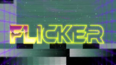 Sanal ızgara odasında parlayan neon FLICKER metni çiziliyor, yeşil tarama çizgisi piksel bozulmalarını gösteriyor. Fütürist, dijital, neon, arıza, siber, teknoloji, siber punk