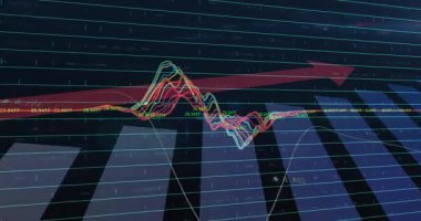 3D ızgara açılıyor. Renkli dalga biçimi başlıyor. Yükseliş yakınlaşıyor. Veri, analiz, görselleştirme, teknoloji, diyagram, modern, dijital