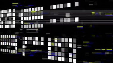 Piksel kümeleri titreşiyor, çizgiler taranıyor, renk objeleri yanıp sönüyor, arıza gösteriyor. Dijital, soyut, arıza, bozulma, görsel, modern, teknoloji