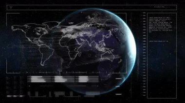 Ağ verileri için harita çizgileri canlandırılırken, dünyayı döndüren simgeyi tara. Futuristik, dijital, bağlantı, teknoloji, küresel, soyut, yenilik