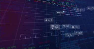 Sosyal medya simgeleri aktifleştiriliyor, sayaçlar yükseliyor, grafik izleme eğimleri canlı verileri gösteriyor. Gelecekçi, analitik, görselleştirme, teknoloji, veri, gösterge paneli, sinirsel