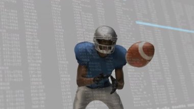 Erkek tutucu spor analitik veri çubuklarıyla futbol yayını yakalıyor ve defans oyuncusu yaklaşıyor. Sporcular, rekabet, dijital, gelecekçi, strateji, dinamizm, hareket