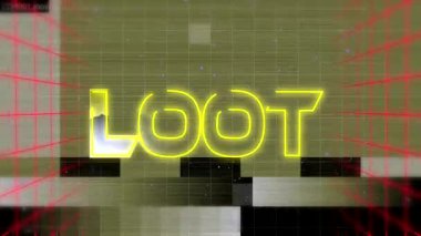Kırmızı çizgiler, mavi elmas ve arıza dikdörtgenleriyle yeşil ızgarada oluşan LOOT metni ortaya çıkıyor. Dijital, fütüristik, soyut, siber, dinamik, teknoloji, modern
