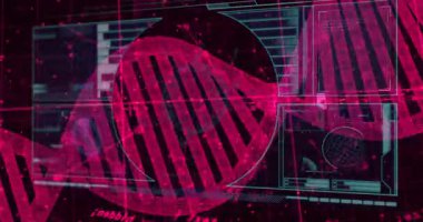 Başlangıçta dairesel arayüz içinde dönen mor DNA sarmalı, verileri göstermek için güncellenen paneller. Dijital, fütüristik, soyut, teknoloji, yenilik, yüksek teknoloji, veri