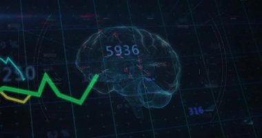Beyin modelinin ızgarada dönmesiyle başlıyor, grafikler işaretleri canlandırıyor ölçümleri canlandırıyor. Sinirsel, veri, görselleştirme, nöral ağ, fütüristik, dijital, zeka