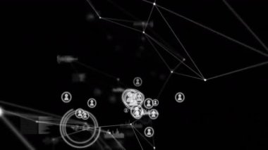 Kullanıcı simgeleri ortaya çıkıyor ve birleşiyor. Trafiği gösteren histogramlar, yeniden yapılanma. Veri, bağlantı, görselleştirme, teknoloji, dijital, soyutlama, ağ