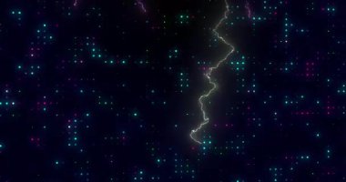 Sarı cıvata kesme merkezi soluyor kırmızı ve mor civatalar titreşiyor ızgara üzerinde titreşiyor ve enerji gösteriyor. Elektrik, dijital, neon, dinamik, soyut, geleceksel, enerji