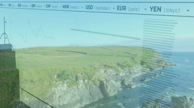 Yükselen grafikler, yükselen grafikler, piyasa trendleri için uçurumdan aşağı akıyor. Maliye, piyasa analizi, veri görselleştirmesi, ekonomik eğilimler, hava manzarası, teknolojik örtüşme, çevresel bağlam