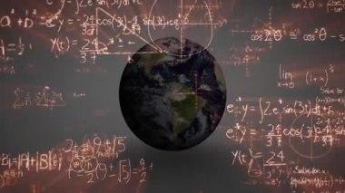 Dönen küre yüzen turuncu denklemleri başlatıyor ve karmaşık ağ görüntüsüne dönüşüyor. Dünya, küresel, küre, yörünge, evren, bilim, teknoloji