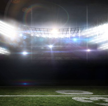Boş Amerikan futbol sahası ve saha çizgisi parlak projektörler altında düz dizayn ediliyor. Stadyum, ışıklandırma, gece manzarası, spor, arena, aydınlanma, yarışma