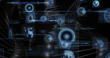 Kod parçacıklarıyla karanlık siber uzayda yüzen holografik paneller ve ölçü arayüzleri gösteriliyor. Siber uzay, veri görselleştirme, gelecek, dijital, teknoloji, ağ, yenilik