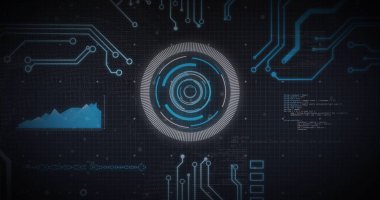 Şebekede, eş merkezli halkalar, devreler, grafikler, ikili hat, kod parçacıkları ile HUD parlıyor. Teknoloji, veri görselleştirme, kullanıcı arayüzü, siber, geleceksel, dijital, bilgi