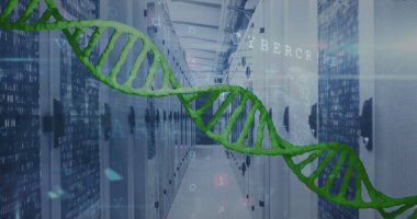 Süzülen yeşil DNA sarmalı veri merkezi koridorunda sunucular ve siber suç kodlarıyla birlikte uzanıyor. Teknoloji, siber güvenlik, dijital, yenilik, fütüristik, ağ, veri