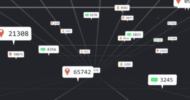 Koyu gri üç boyutlu ızgara üzerinde yüzen merkezi baloncuk, kırmızı pin simgesi ve sayısal etiketlerle gösteriliyor. Veri görselleştirmesi, dijital ortam, sanal alan, bilgi analizleri, teknoloji, geleceksel, 3D görüntüleme