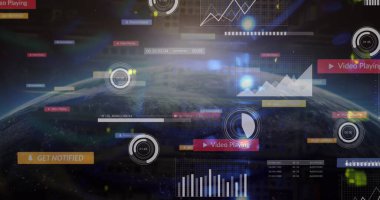 Yörüngesel uzay gösterge paneli, Dünya 'nın radyal zamanlayıcı çubuğu grafiklerini gösteriyor. Fütüristik, teknoloji, görselleştirme, arayüz, analitik, boşluk, dijital