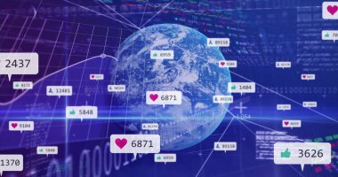 Dönen 3D Dünya küresi ikili kodlu ve sosyal medya açılır pencereli bir ağ gösterge paneli. Küresel, teknoloji, gelecek, yenilik, veri, bağlantı, analitik