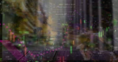 Ahşap tabloların üzerinde, mor trend çizgileri, çubukları ve sayısal etiketleriyle yüzen şamdan çizelgeleri. Finans, yatırım, teknoloji, analitik, iş, veri, dijital