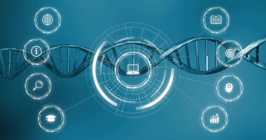 Dijital ortamda dizüstü bilgisayarı gösteren merkezi HUD arayüzü gösteriliyor, DNA sarmalına sahip. Futuristik, teknoloji, dijital, yenilik, bağlantı, veri, eğitim