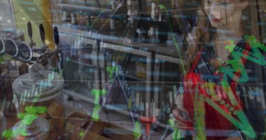 Barmen barda kırmızı önlük takıyor, elinde bira muslukları, pastalar, hisse senetleri, fotokopi alanı var. Konukseverlik, finans, modern, profesyonel, gündelik, iç mekan, teknoloji