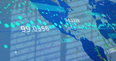 Ofis ekranında noktalı veri noktaları ve sayısal şekillerle yarı saydam harita kaplaması gösteriliyor. Kontrol paneli, analitik, dijital arayüz, teknoloji, finans endüstrisi, veri görselleştirme, yenilik