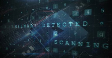 MALWARE DETECTED ve tarama ızgaralarını ikili kodlarla ağ arayüzünde gösteren asma kilit simgesi. Siber güvenlik, dijital, koruma, teknoloji, ağ, veri, güvenlik