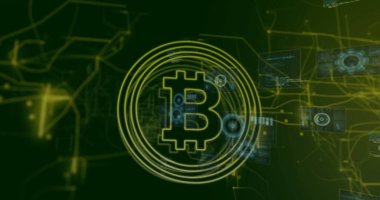 Yüzükler, veri panelleri ve devre hatları ile dijital ağda dönen parlayan Bitcoin sembolü. Kripto para birimi, engelleme zinciri, gelecekçi, dijital, yenilik, teknoloji, sibernetik