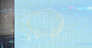 Süzülen beyin hologramı veri merkezi ikili kod ızgarası üzerinde parlıyor. Sunucu rafları ve ışık fişekleri var. Teknoloji, yapay zeka, veri altyapısı, dijital görselleştirme, gelecekçi, yenilik, siber güvenlik