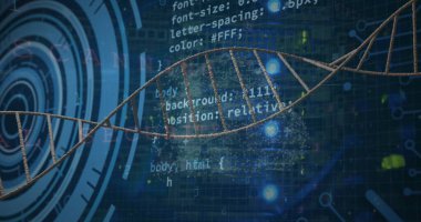 Dijital ızgara boyunca uzanan 3D DNA sarmalı, CSS kod örtüsü ve parlayan düğümler gösteriliyor. Biyoteknoloji, siber güvenlik, fütüristik, yenilikçi, veri görselleştirme, bilim, teknoloji