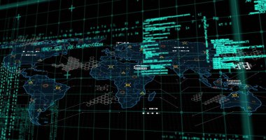 Dünya haritası akış kodu, şebeke ekranındaki bağlantılar, hex kümeleri ve UI okumaları gösteriliyor. Futuristik, teknoloji, ağ, dijital, soyut, veri, arayüz