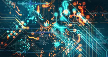 Parlak düğümler ve kod parçacıkları ile arayüzde soyut parlayan devre ağı gösteriliyor. Futuristik, teknoloji, dijital, ağ, yenilik, görselleştirme, soyut