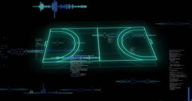 Boşlukta yüzen holografik spor salonu şeması, kod blokları ve mavi veri çubukları gösteriliyor. Teknoloji, arayüz, fütürist, dijital, sanal, veri, görselleştirme