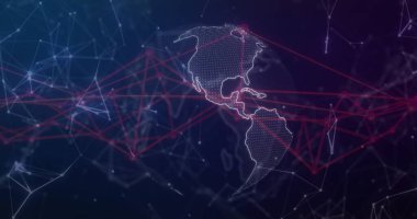 Koyu mavi arkaplan üzerinde kırmızı çizgiler bulunan ağ düğümleriyle noktalanmış Amerika 'nın dijital haritası gösteriliyor. Teknoloji, bağlantı, veri, yenilik, siber alan, altyapı, ağ