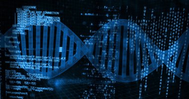 Parlak stilize DNA çift sarmallı, yüzen kod parçalarıyla şebeke zemininin üzerinde dönüyor. Fütürist, bilimsel, yenilik, teknoloji, dijital, soyut, araştırma