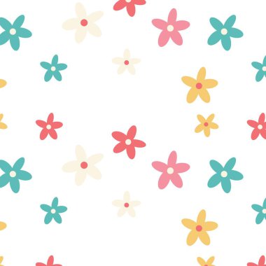 Düz beş yapraklı çiçek desenini, beyaz tuval merkezlerini gösteren pembe lacivert bir kremle gösteriyor. Botanik, çiçek, dekoratif, tekstil, pürüzsüz, renkli, modern