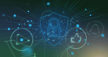 Ağ hatları arasında parlayan asma kilidi oynatma tuşu, başparmak işareti ve çan simgeleriyle birlikte göstermek. Siber güvenlik, dijital, şifreleme, koruma, yenilik, teknoloji, bağlantı