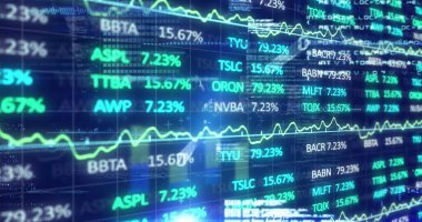 Yüzdeler ve çizgi grafikleriyle ticaret ekranında kaydırılan borsa kalbi sembolleri gösteriliyor. Fütürist, yüksek teknoloji, veri analizi, finans, dijital, neon, monitör