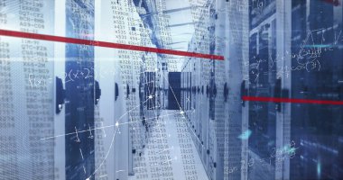 Veri merkezinde LED ışıkları olan sunucu rafları arasındaki koridor, yüzen veri örtüleri gösteriliyor. Teknoloji, altyapı, siber güvenlik, modern, dijital, endüstriyel, ağ