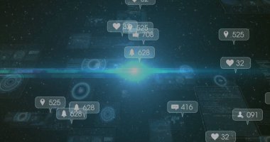 Bildirim simgeleri ve HUD sanal arayüzde parlıyor ve havada asılı duruyor, bildirim sayıları da var. Gelecekçi, dijital, arayüz, teknoloji, veri, görselleştirme, siber