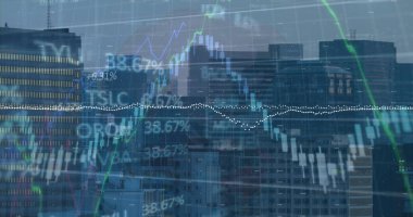 Şehir silueti üzerinde, grafikler, yüzdeler ve saatlerle soluk bir şamdan grafiği gösteriliyor. Kentsel, gökdelenler, finans, veri, teknoloji, şirket, modern