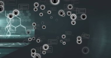 Arayüz, kullanıcı simgeleri, sohbet baloncukları, kopyalama alanı üzerinde holografik DNA sarmal-altıgen paneli gösteriliyor. Gelecekçi, yenilikçi, bağlantı, sanal, teknoloji, ağ, veri