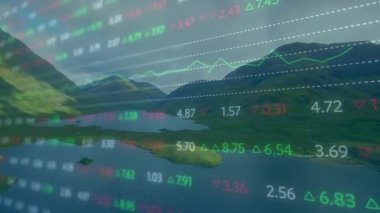 Dağ vadisi çökmeye başlıyor, rakamlar düşüyor, piyasa eğilimlerini gösteren tablolar ilerliyor. Doğa, finans, teknoloji, veri görselleştirme, manzara, ekoloji, yenilik