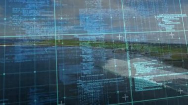 Açılış kodu kıyıda, kılavuz çizgileri ve işaretleyiciler bekletilirken kod canlı analiz için kayıyor. Gelecek, teknoloji, veri, görselleştirme, kıyı, arayüz, canlılık