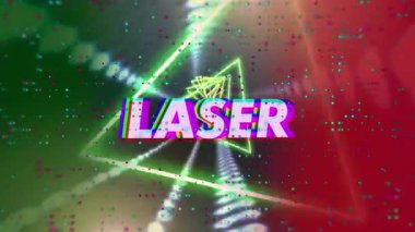 Neon lazer arızalı metin açılışı dijital tünelde dönen üçgenleri titreşen noktalarla değiştiriyor. Neon, siber, geometrik, soyut, geleceksel, hareket, dinamik