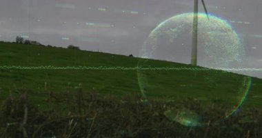 Titreşen veriler, dönen türbin bıçaklarını çalıştırıyor. Küre şeklinde dönüyor ve enerjiyi görselleştiriyor. Yenilenebilir, sürdürülebilirlik, teknoloji, dijital, geleceksel, çevresel, yenilik