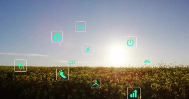 Yeşil buji simgesi gündoğumu alanında soluyor yeşil simgeler yanıp sönüyor ve veriler kayboluyor. Sürdürülebilirlik, yenilenebilirlik, enerji, eko, çevre, temiz, teknoloji