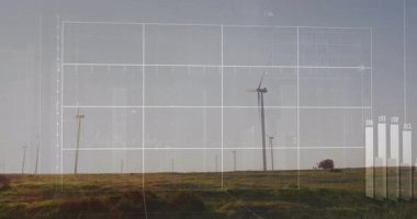 Dönen rüzgar türbinlerinin üzerindeki şebeke örtüsü zayıflıyor, çizgi grafik canlandırma eğilimleri artıyor, çubuklar yükseliyor, zayıflıyor. Yenilenebilir enerji, sürdürülebilirlik, veri görselleştirme, hava manzarası, temiz teknoloji, çevresel izleme, geleceksel tasarım