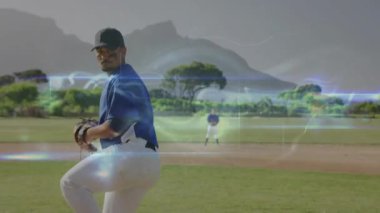 Atıcı, spor antrenmanı sırasında hareketli enerji aurasıyla topu fırlatıyor. Atletizm, rekabet, kararlılık, dinamik, hareket, açık hava, spor