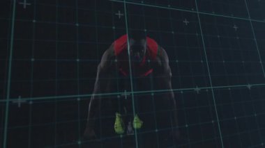 Zaman çizgisi gök mavisi şebeke örtüsüyle teknolojik uzayda ilerlerken sprinter pozisyonundan yükselen sporcu. Dinamik, fütürizm, atletizm, hareket, dijital, performans, yenilik