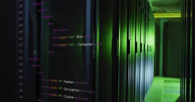 HTML kod kaplaması, güvenlik konularını gösteren kamera dolap kaydırma koridorunu başlatıyor. Teknoloji, siber güvenlik, veri, altyapı, dijital, ağ, yenilik